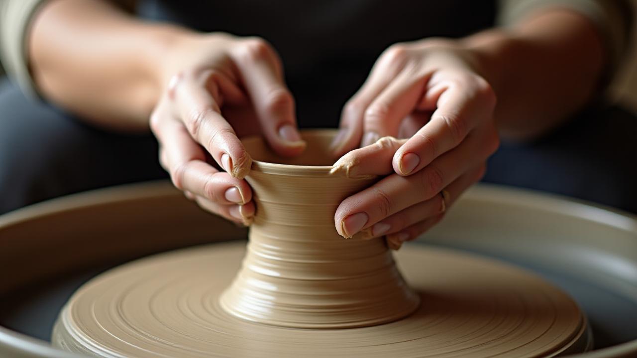 陶芸家の手がろくろで粘土を形作っている様子