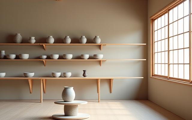 静かで明るい陶芸工房の内部、完成した作品が並ぶ棚