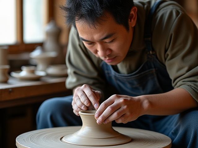 ろくろで粘土を成形する陶芸家、田中一郎
